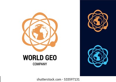 World Geo Company Is A Business Vector Logo Concept For International, Geo, Social Media, Science Organization Or Laboratory. Atom And Planet Icon Or Illustration.