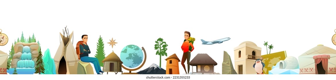 World geography. Seamless bottom border. Cartoon style. Travel items and plants trees of climatic zones. Dwellings of different peoples of countries. Isolated on white background. Vector