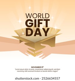 World Gift Day Hintergrund mit einer Hand gibt eine Überraschung offenen Kasten