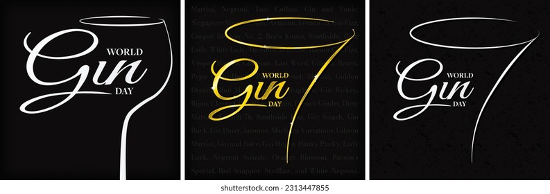 World Gin Day Greeting Card Set, celebrated on June 10th. Martini and Gin Balloon Glasses symbol with World Gin Day typographic. List of Gin cocktails on background.  Vector Illustration. EPS 10.