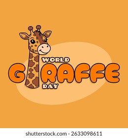 World Giraffe Day to celebrate on June 21st. A cute giraffe with a long, spotted neck with bold text on orange background. Animal event banner.