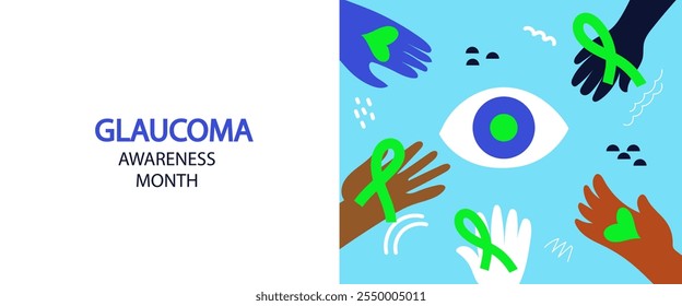   World Glaucoma day abstract banner. vector flat hand drawn illustration. Eye and human hands with green ribbon.