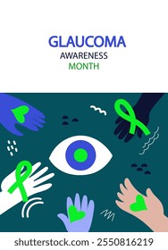   Banner abstrato do dia do Glaucoma Mundial. ilustração desenhada à mão plana vetorial. Olho e mãos humanas com fita verde.