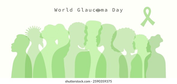 World Glaucoma Day banner template. Green silhouette of diversity people and ribbon. Different nationalities, genders and ages human profile. Poster cover card info web greeting card