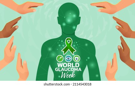 World glaucoma week. Vector banner, poster, flyer, greeting card for social media with text World glaucoma week second full week in march. Illustration with green ribbon, 