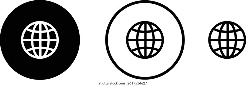 World glob icon set. Globes with world maps symbol. Black internet globe network stroke lines icons isolated on transparent background . Website erath vector.