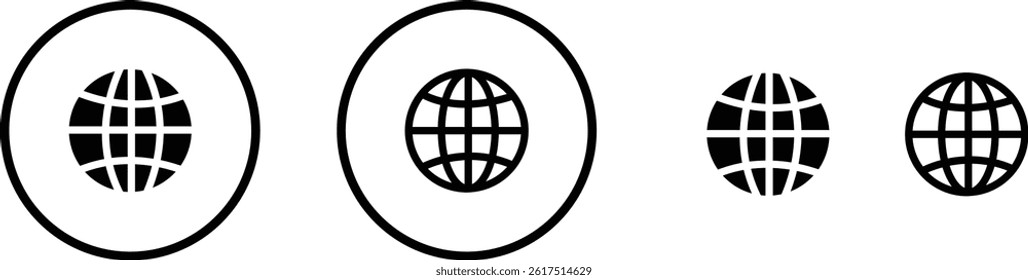 World glob icon set. Globes with world maps symbol. Black internet globe network stroke lines icons isolated on transparent background . Website erath vector.