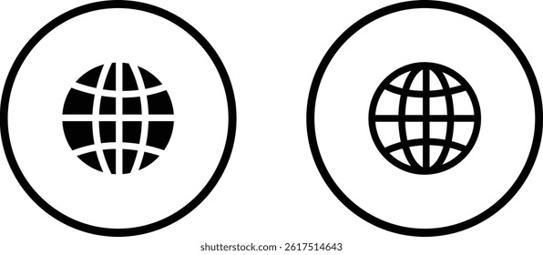 World glob icon set. Globes with world maps symbol. Black internet globe network stroke lines icons isolated on transparent background . Website erath vector.