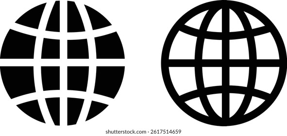 World glob icon set. Globes with world maps symbol. Black internet globe network stroke lines icons isolated on transparent background . Website erath vector.