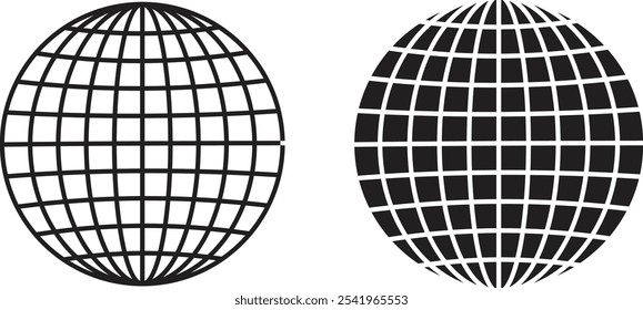 World glob icons set. World planet earth black flat line vector collection isolated on transparent background. Globes with world maps symbol. Silhouette of the Geographical globe with meridians web.
