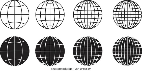 Weltglobus-Symbole. Weltplanet Erde schwarze flache Linie Vektorsammlung einzeln auf transparentem Hintergrund. Globen mit Weltkarten-Symbol. Silhouette des geographischen Globus mit Meridian-Netz.