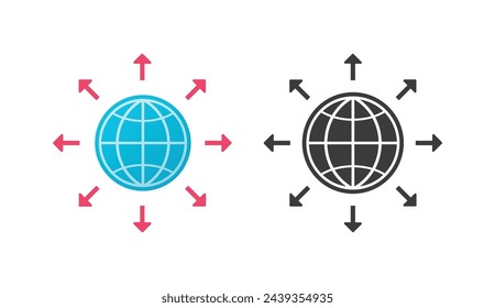 World global expansion icon vector, earth globe expanding international market sign symbol simple graphic set, spread worldwide infrastructure transformation image clipart