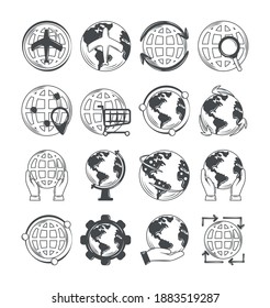 world global map, icons travel, shopping, save the planet and more vector illustration