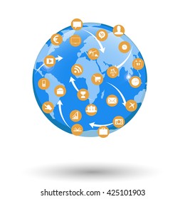 World global network. Globe connections network design, vector illustration. Global internet concept. Blue Planet. Flat Internet icons.