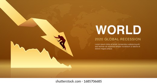 World global recession. Vector Illustration of businessman fall down on decreasing arrow as a sign of the economic crisis, impact of the coronavirus outbreak. 