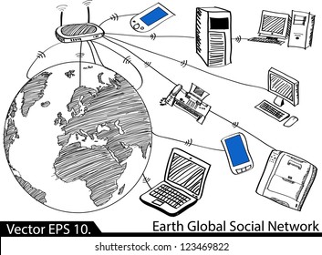World Global Social Network Communication Vector Sketched, EPS 10.