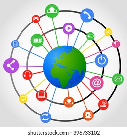 World globe with app icon, Business software and social media networking service concept