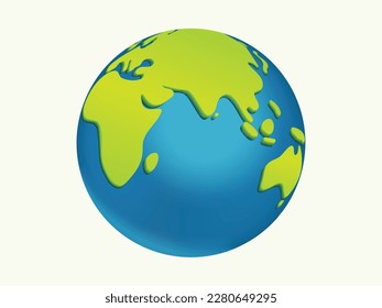 World Globe with Arctic and Indian Ocean Countries. Cartoon Style 3d Blue Earth vector illustration on white background. Earth Day or Save Environment Concept. Save Green concept.