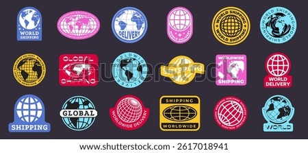 World globe badge. Shipping abstract stickers with global delivery, international shipping and worldwide service globe icons. Vector logistic label collection.
