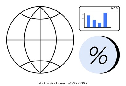 World globe, bar chart in browser window, and large percentage symbol. Ideal for business growth, global marketing, data analysis, financial reports, market research, online services, technology
