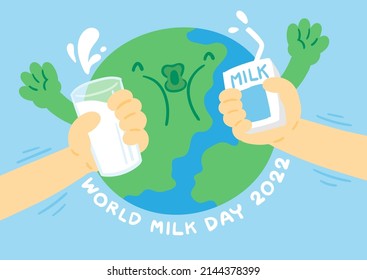 World Globe Between Hand Holding Milk Box And Glass, World Milk Day 2022 Concept Cartoon Flat Design Illustration Isolated On Blue Background With Copy Space, Vector Eps 10