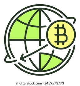 Mundo Globo con Bitcoin símbolo Vector Concepto de criptomoneda icono de color o signo