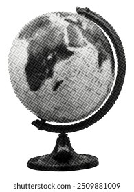 Globo del mundo con soporte negro aislado sobre fondo blanco Geografía de la tierra Elemento de collage de semitono retro Educación Viajes Negocios globales o temas de conciencia ambiental Diseño de medios mixtos