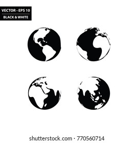 World globe black and white flat icons. Vector Illustration.