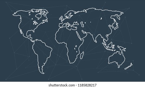 World globe and blockchain polygon peer to peer network. Global cryptocurrency blockchain business banner concept. Different World locations