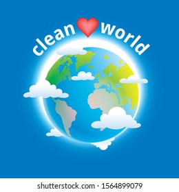 World globe with clouds and heart on blue background