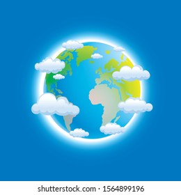 World globe with clouds on blue background