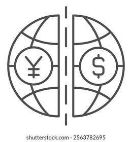 World globe and coins thin line icon, global sanctions concept. Vector graphics. Planet with dollar, euro coin sign on white background, outline style icon for mobile or web design