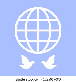 World globe with couple of  white doves. Birds of peace and planet  on blue sky. Flat, modern vector illustration. 