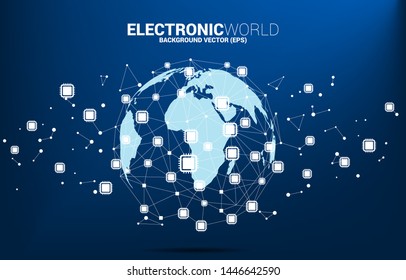 World Globe with CPU icon polygon dot connected line. Concept for global processor technology .