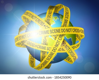 World globe with crime scene tape on sky background. Vector illustration.