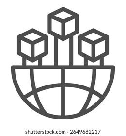 Globo mundial de criptofichas ícone de linha, NFT conceito multiverso. Gráficos vetoriais. Sinal de troca de ativos de criptografia no fundo branco, ícone de estilo de estrutura de tópicos para design móvel ou web