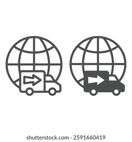 World globe with deliverer truck line and solid icon, delivery concept. Vector graphics. Delivery vehicle transport sign on white background, outline style icon for mobile or web design
