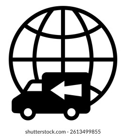World globe with deliverer truck solid icon, delivery concept. Vector graphics. Delivery vehicle transport sign on white background, glyph style mobile or design