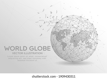 World globe digitally drawn in the form of broken a part triangle shape and scattered dots low poly wire frame.