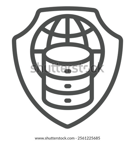 World globe, disks on shield line icon, data protection concept. Vector graphics. Safety emblem with planet and storage array sign on white background, outline style icon for mobile or web