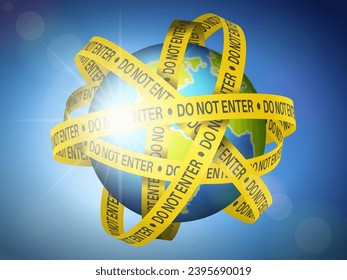 World globe with do not enter tape on sky background. Vector illustration.