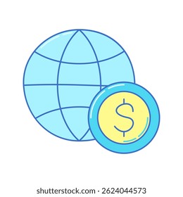 World Globe Doodle style, earth sphere with dollar coin, ideal for global finance, trade, or international business concepts.