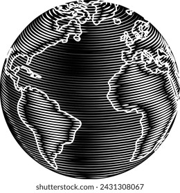 A world globe earth global map planet in a vintage woodcut style