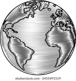 A world globe earth global map planet in a vintage woodcut style