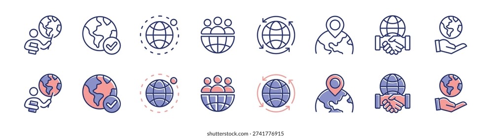 World globe earth map icon line set. Business worldwide international network connection, geography country border, travel direction, global partnership cooperate signs vector illustration