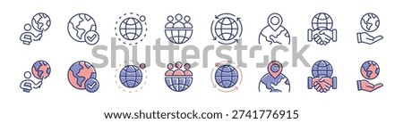 World globe earth map icon line set. Business worldwide international network connection, geography country border, travel direction, global partnership cooperate signs vector illustration