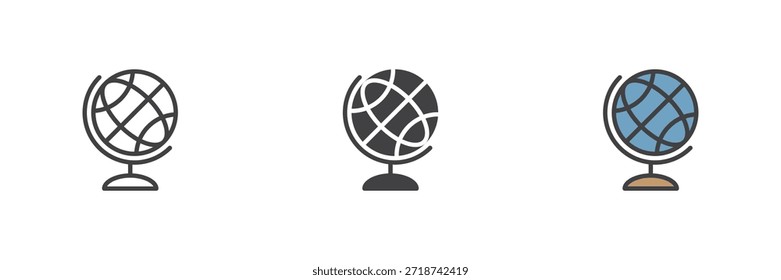 Ícone de educação do mundo globo definido em linha, sólido e preenchido esboço colorido estilo. Geografia e símbolo do vetor de terra. Ícone de educação para escola, conhecimento de viagem e aprendizagem global.