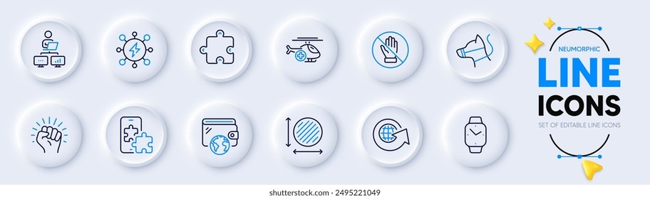 World globe, Empower and Smartwatch line icons for web app. Pack of Phone puzzle, Work home, Power pictogram icons. Puzzle, Wallet, Medical helicopter signs. Circle area, Dog leash, Corrupt. Vector
