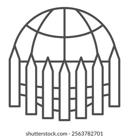 World globe and fence thin line icon, global sanctions concept. Vector graphics. Planet with barrier sign on white background, outline style icon for mobile or web design