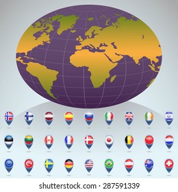 World globe with flags of different countries. Vector illustration.